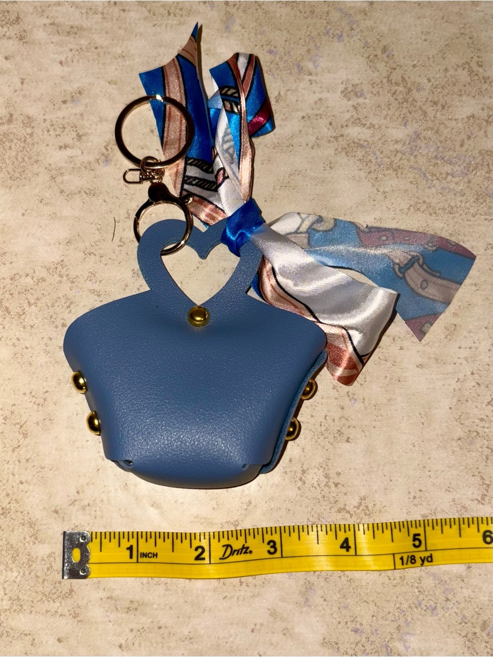 NWOT-Blue Heart-Handle Keychain Bag Pouch with Decorative Scarf-Purse Charm